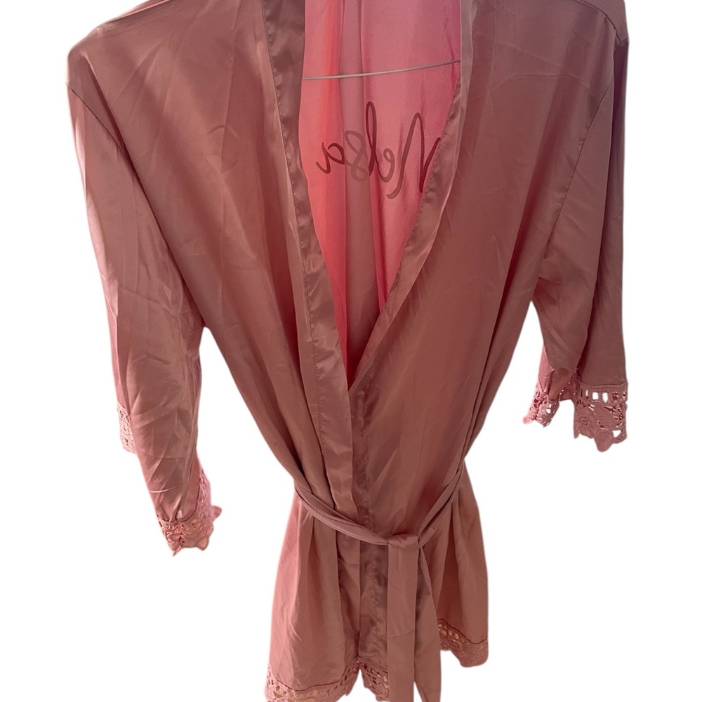 Dusty Pink Lace Trim Satin Robe - Picture 3 of 5